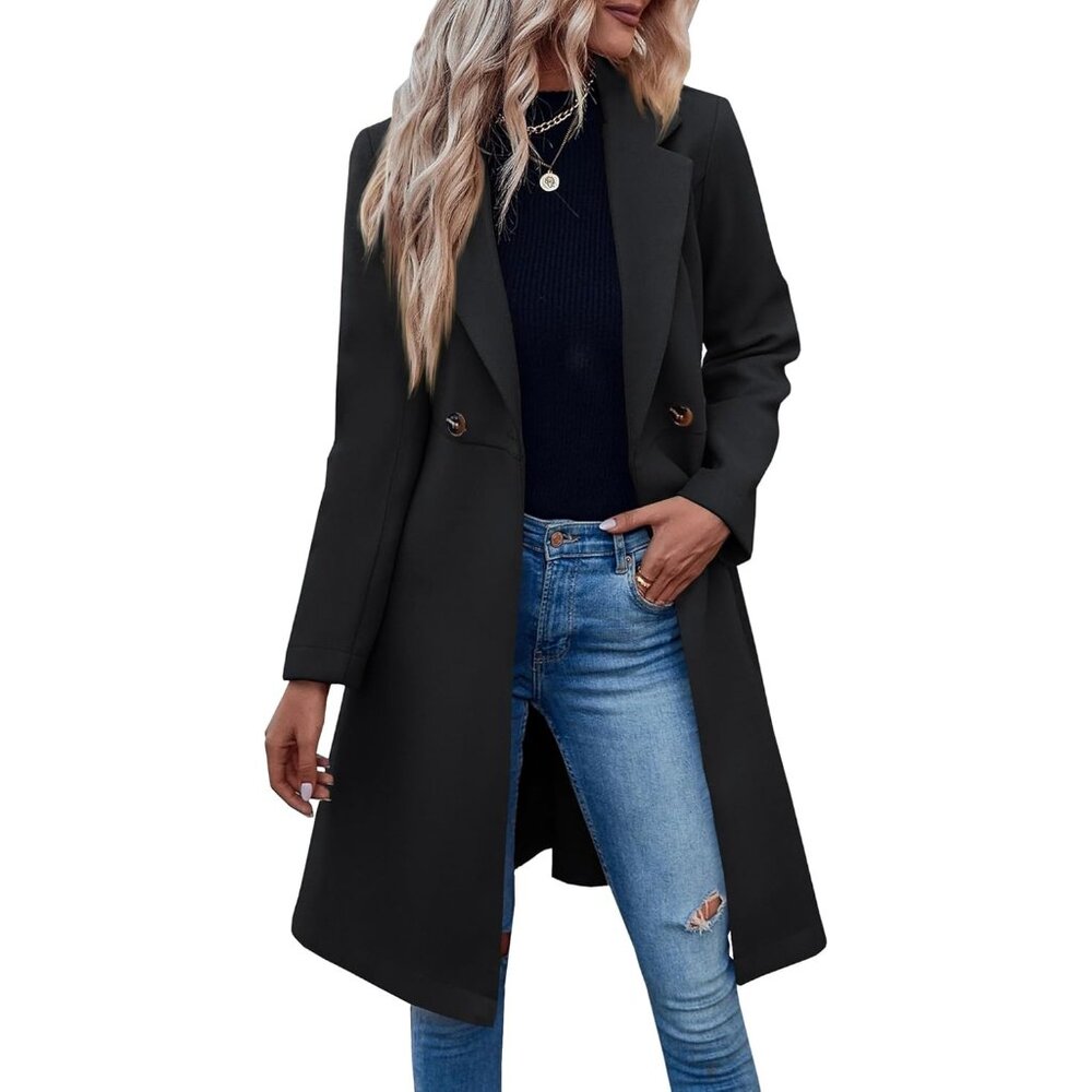 ✨ Women's Black Pea Trench Coats Notched Lapel Belted Casual Outerwear Jackets